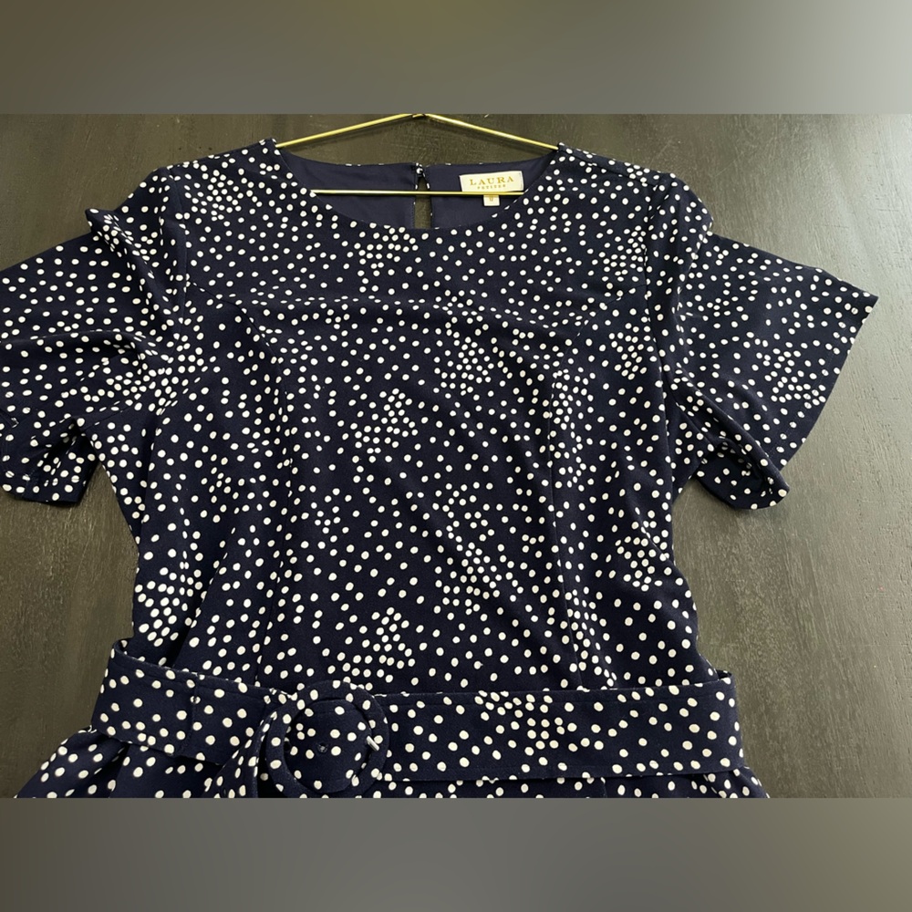 Laura Petites Navy Blue White Polka Dot Fit Flare Dress Short Sleeve Belted 8 - Picture 3 of 16